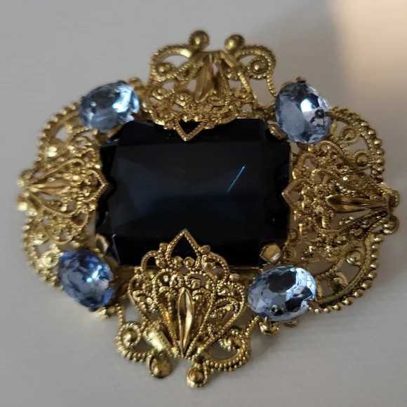 Vintage Mid Century Czech Filigree & Blue Glass Brooch & Earring Set